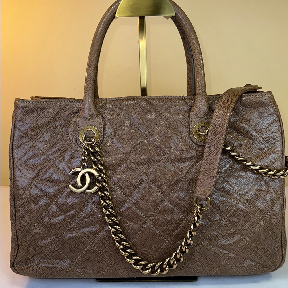 CHANEL Quilted Caviar Aged Brown Leather Bag